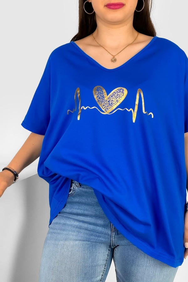 Bluzka damska T-shirt plus size w kolorze chabrowym złoty nadruk linia życia serce 1