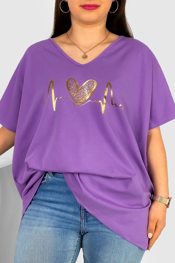 Bluzka damska T-shirt plus size w kolorze fioletowym złoty nadruk linia życia serce