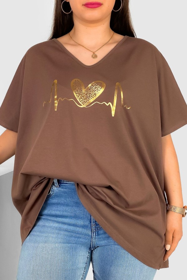 Bluzka damska T-shirt plus size w kolorze brązowym złoty nadruk linia życia serce