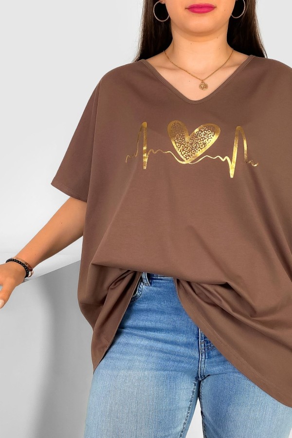 Bluzka damska T-shirt plus size w kolorze brązowym złoty nadruk linia życia serce 1