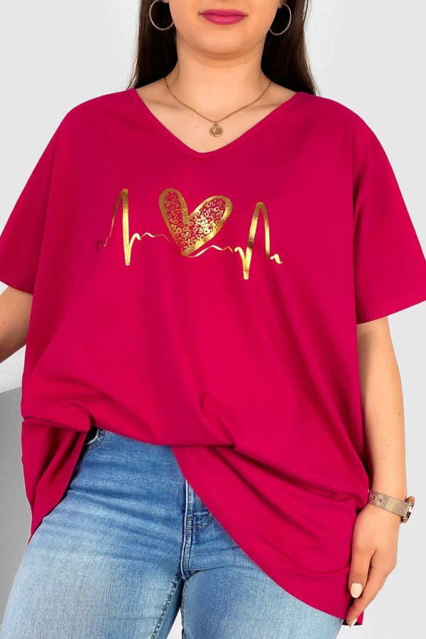 Bluzka damska T-shirt plus size w kolorze fuksji złoty nadruk linia życia serce