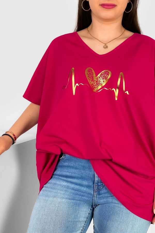 Bluzka damska T-shirt plus size w kolorze fuksji złoty nadruk linia życia serce 1