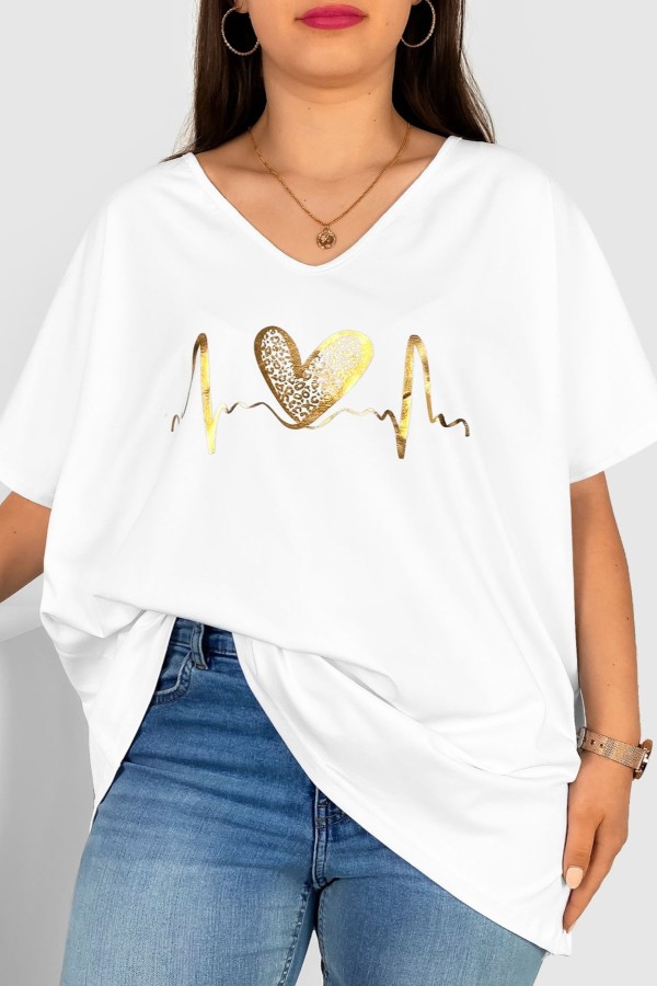 Bluzka damska T-shirt plus size w kolorze białym złoty nadruk linia życia serce