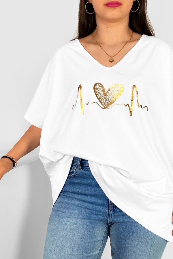 Bluzka damska T-shirt plus size w kolorze białym złoty nadruk linia życia serce 1
