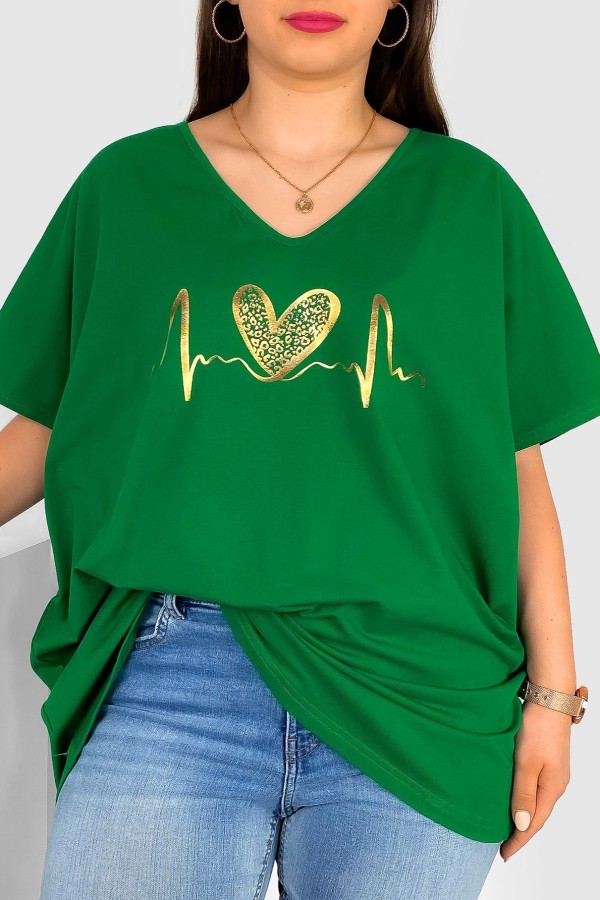 Bluzka damska T-shirt plus size w kolorze zielonym złoty nadruk linia życia serce