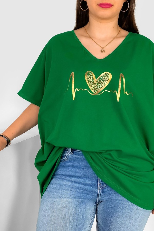 Bluzka damska T-shirt plus size w kolorze zielonym złoty nadruk linia życia serce 1