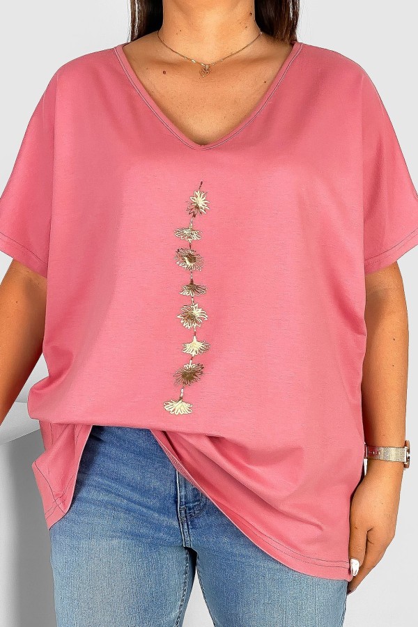 Bluzka damska T-shirt plus size w kolorze różowym złoty nadruk kwiatuszki w pionie
