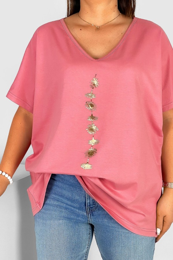 Bluzka damska T-shirt plus size w kolorze różowym złoty nadruk kwiatuszki w pionie 1