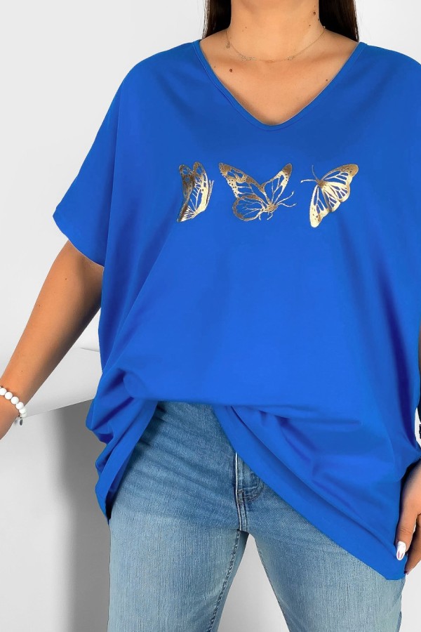 Bluzka damska T-shirt plus size w kolorze chabrowym złoty nadruk motylki 1
