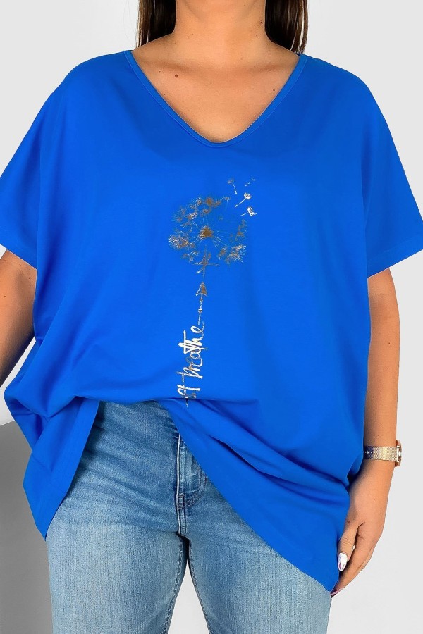 Bluzka damska T-shirt plus size w kolorze chabrowym złoty dmuchawiec just breathe