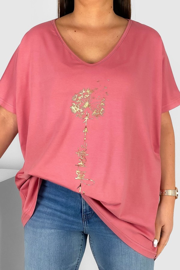 Bluzka damska T-shirt plus size w kolorze różowym złoty dmuchawiec just breathe