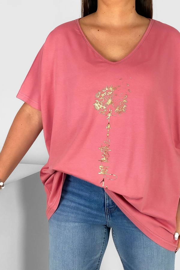 Bluzka damska T-shirt plus size w kolorze różowym złoty dmuchawiec just breathe 1