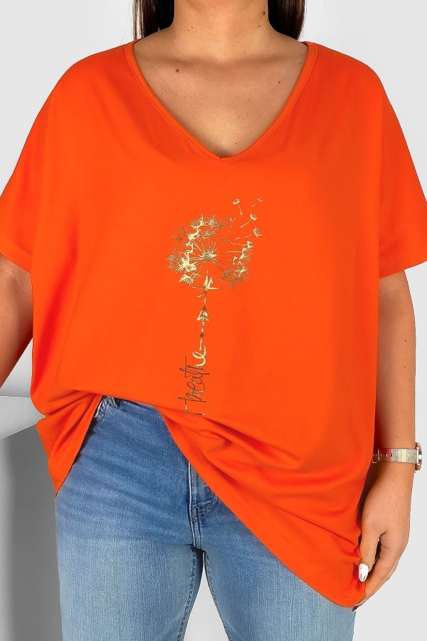 Bluzka damska T-shirt plus size w kolorze pomarańczowym złoty dmuchawiec just breathe