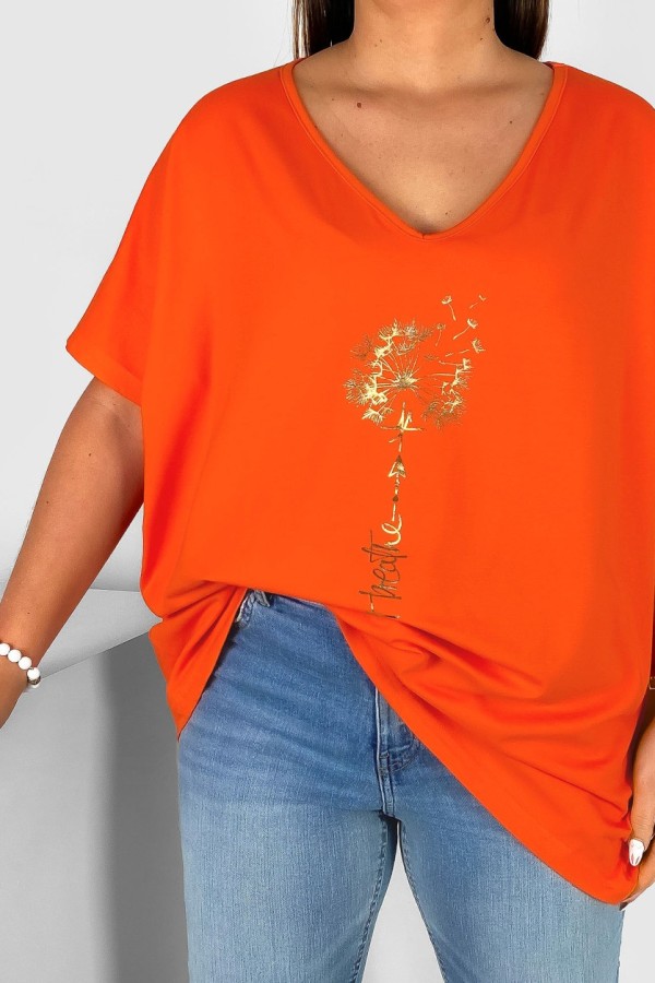 Bluzka damska T-shirt plus size w kolorze pomarańczowym złoty dmuchawiec just breathe 1