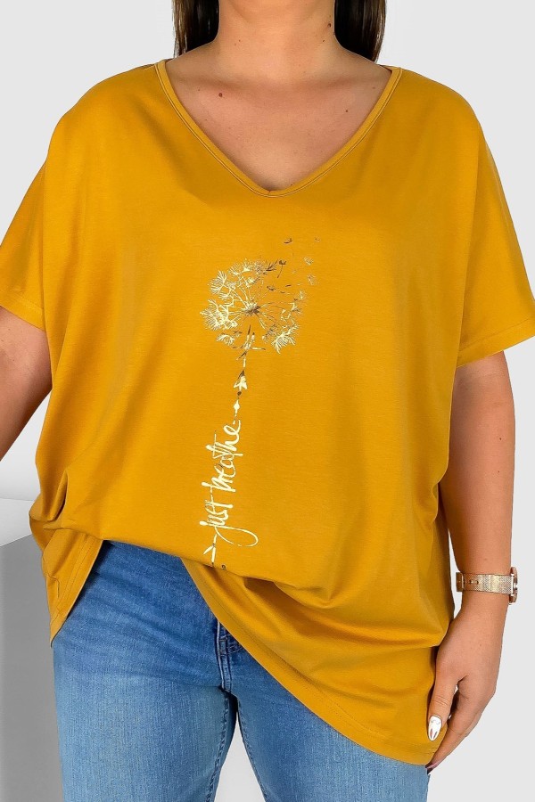 Bluzka damska T-shirt plus size w kolorze miodowym złoty dmuchawiec just breathe