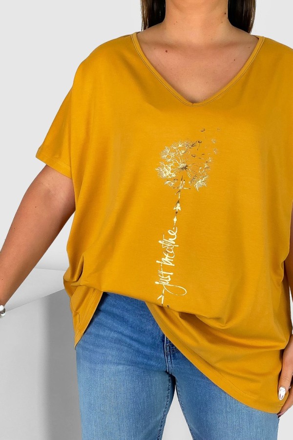 Bluzka damska T-shirt plus size w kolorze miodowym złoty dmuchawiec just breathe 1