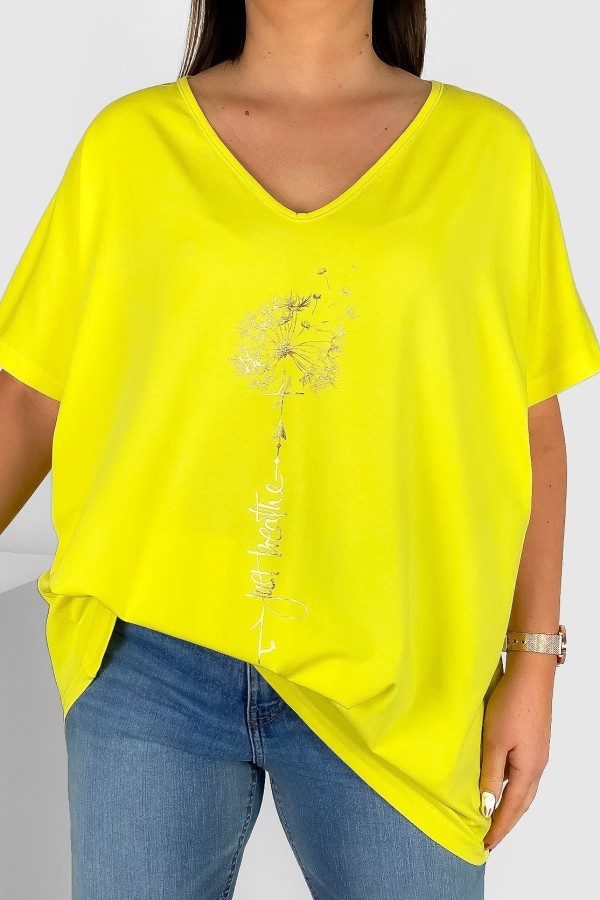 Bluzka damska T-shirt plus size w kolorze żółtym złoty dmuchawiec just breathe
