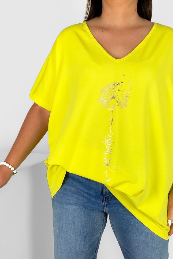 Bluzka damska T-shirt plus size w kolorze żółtym złoty dmuchawiec just breathe 1