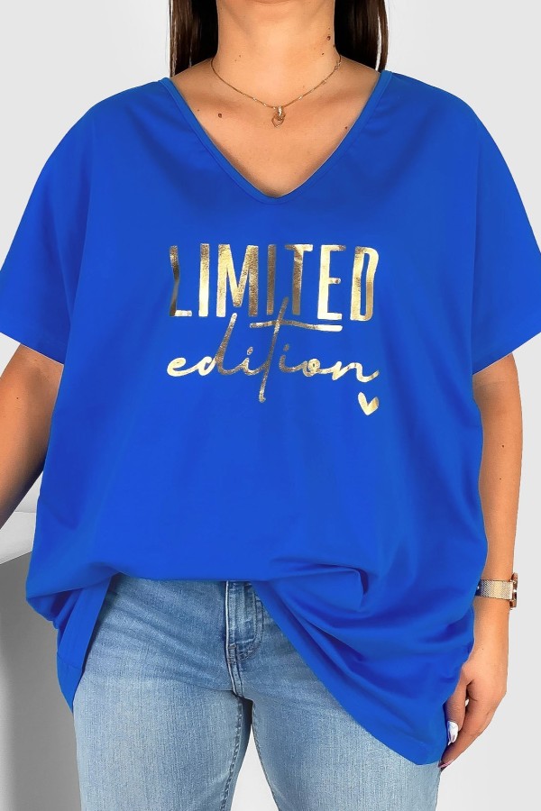 Bluzka damska T-shirt plus size w kolorze chabrowym złoty nadruk Limited Edition