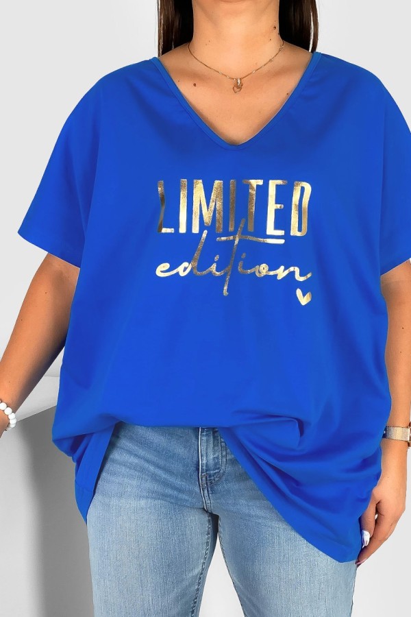 Bluzka damska T-shirt plus size w kolorze chabrowym złoty nadruk Limited Edition 1