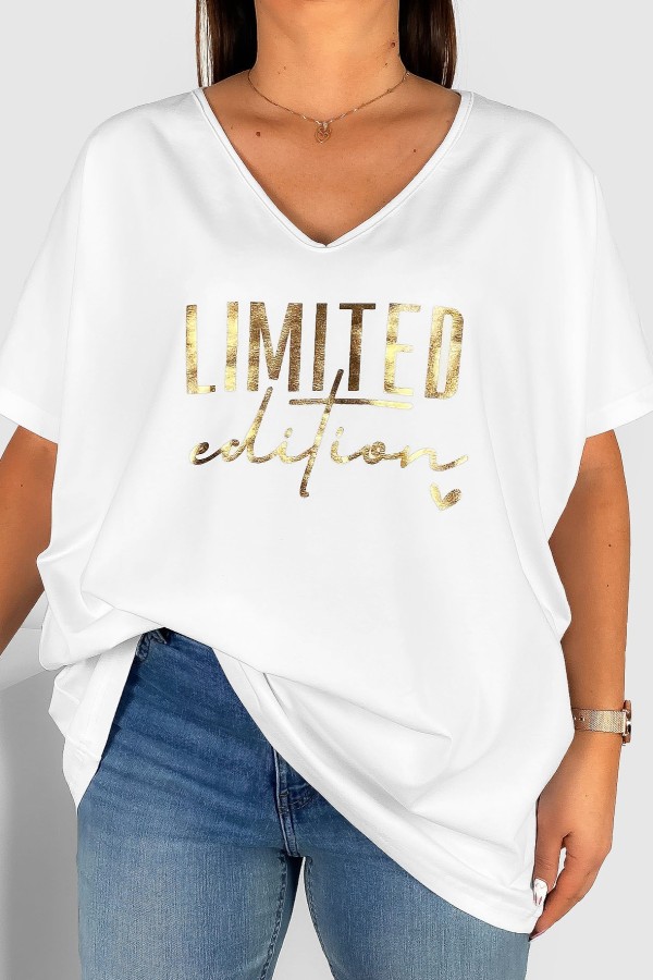 Bluzka damska T-shirt plus size w kolorze białym złoty nadruk Limited Edition