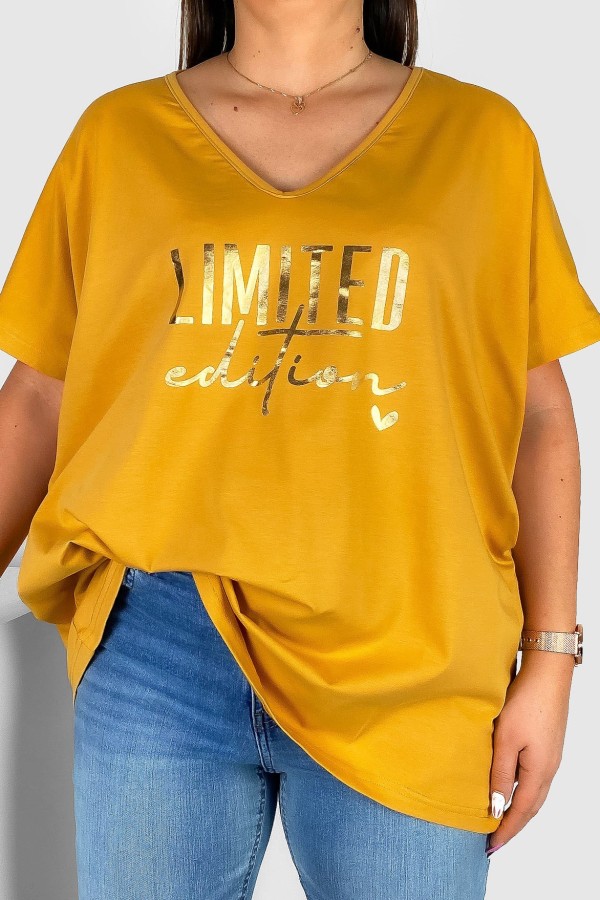 Bluzka damska T-shirt plus size w kolorze musztardowym złoty nadruk Limited Edition