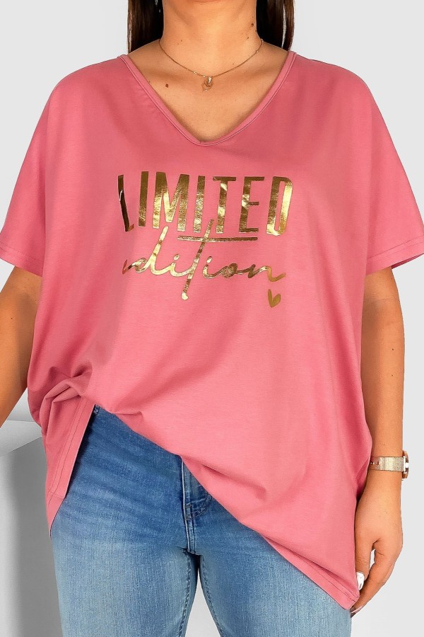 Bluzka damska T-shirt plus size w kolorze różowym złoty nadruk Limited Edition