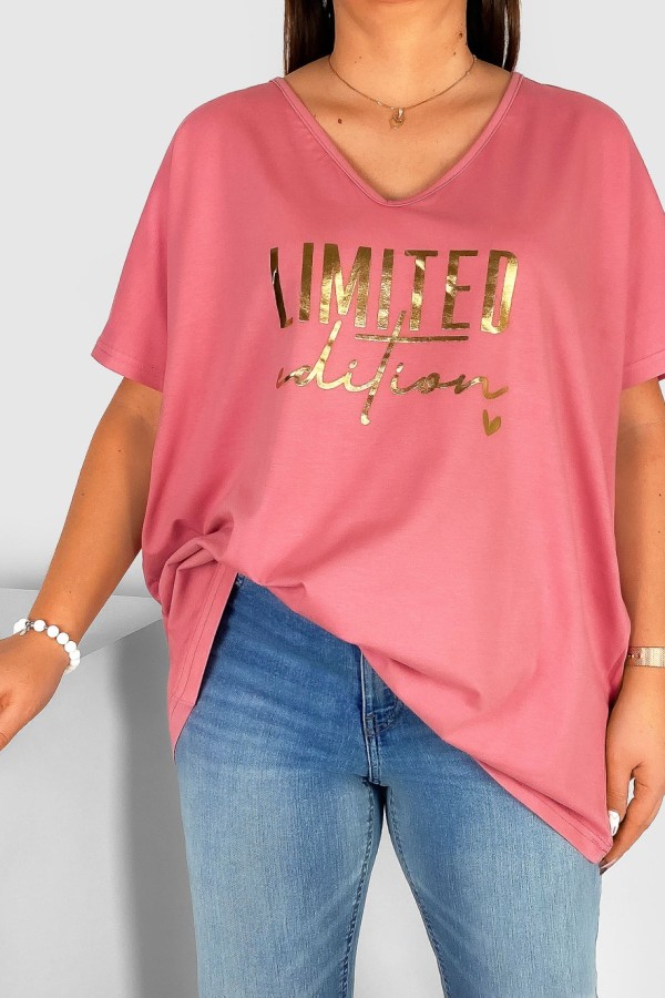 Bluzka damska T-shirt plus size w kolorze różowym złoty nadruk Limited Edition 1