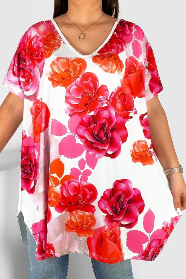 Tunika damska plus size nietoperz multikolor wzór różowo pomarańczowe kwiaty Emilly