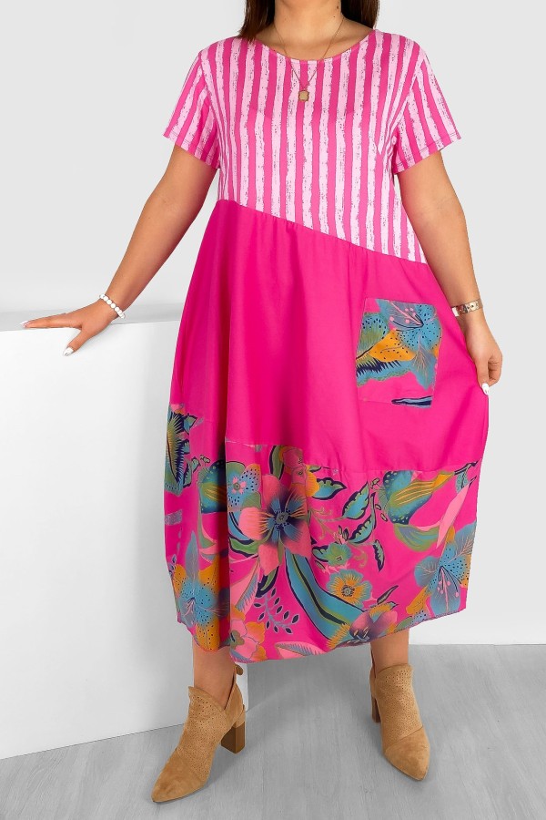 Sukienka w kolorze różowo pudrowym paski kwiaty duża kieszeń Melania