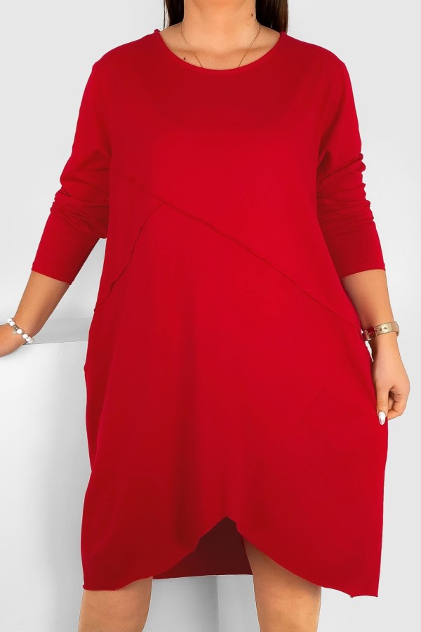 Bawełniana sukienka plus size w kolorze czerwonym przeszycia kieszenie Mavis