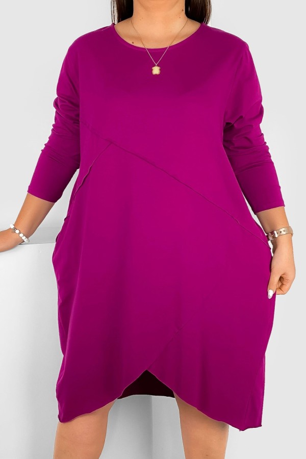 Bawełniana sukienka plus size w kolorze magenta przeszycia kieszenie Mavis