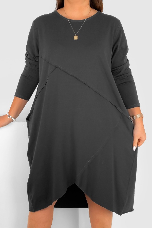 Bawełniana sukienka plus size w kolorze grafitowym przeszycia kieszenie Mavis