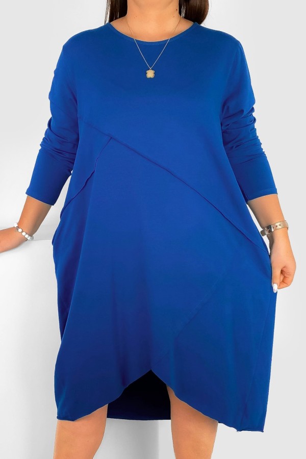 Bawełniana sukienka plus size w kolorze kobaltowym przeszycia kieszenie Mavis