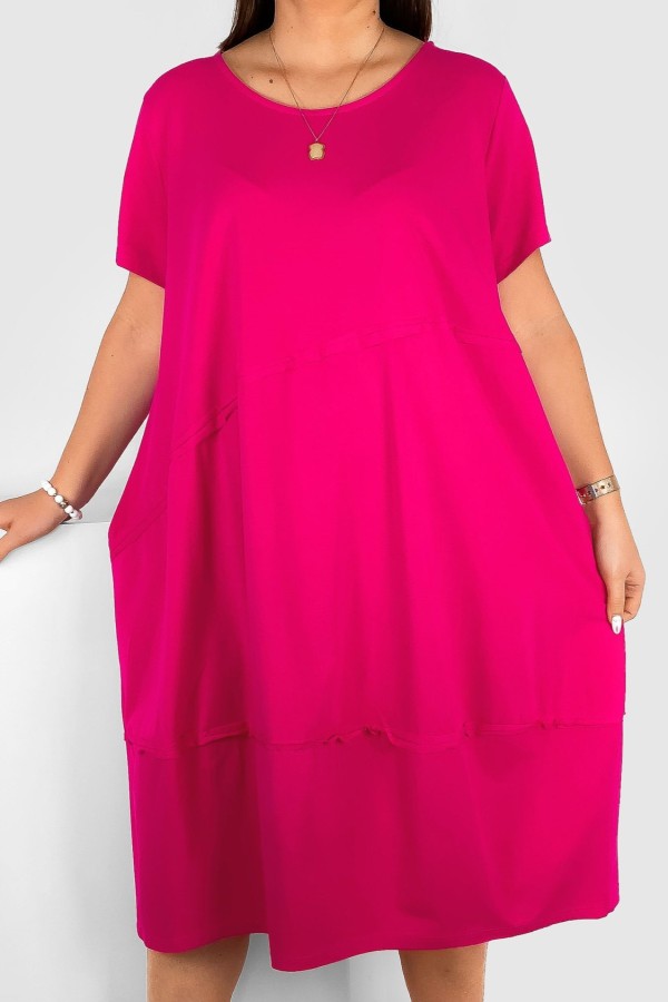 Bawełniana duża sukienka w kolorze fuksji z kieszeniami przeszycia skos Anitta