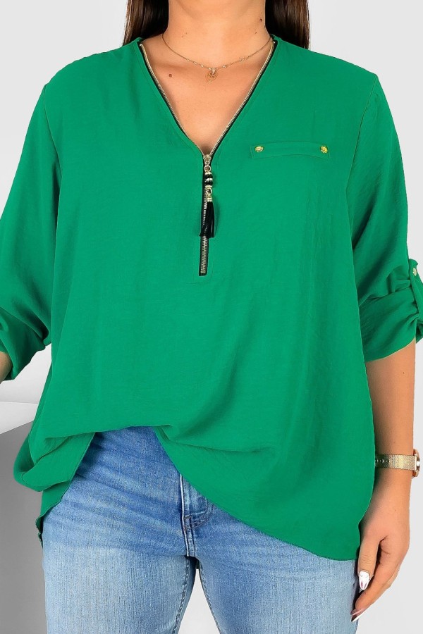 Elegancka bluzka koszula w kolorze zielonym dekolt zamek ZIP secret