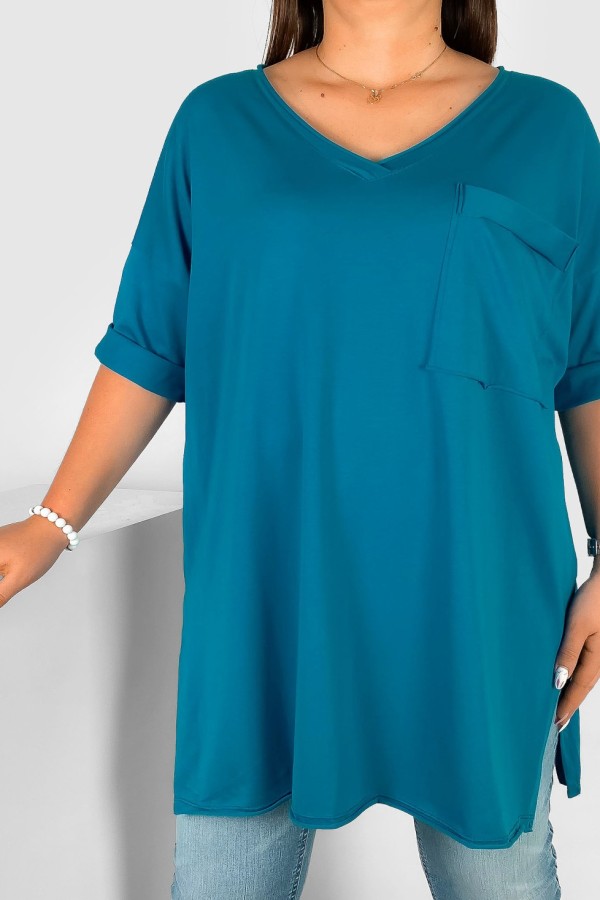 Tunika damska w kolorze morskim bluzka oversize v-neck kieszeń Polina 2