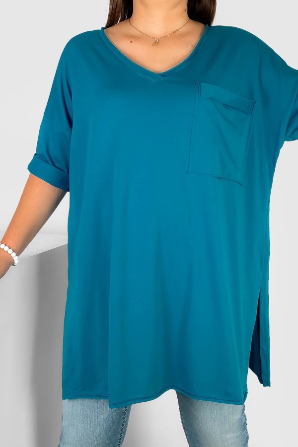 Tunika damska w kolorze morskim bluzka oversize v-neck kieszeń Polina 1