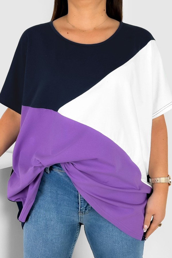 Bluzka damska T-shirt plus size łączone kolory granat biały fiolet Felicia