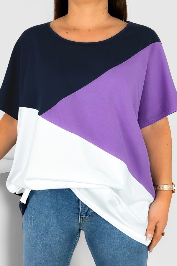 Bluzka damska T-shirt plus size łączone kolory granat fiolet biały Felicia
