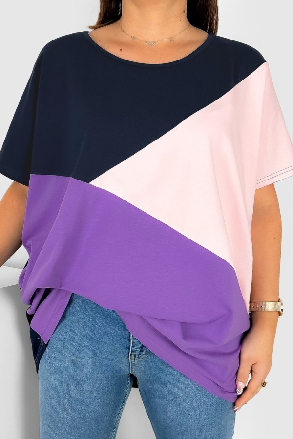 Bluzka damska T-shirt plus size łączone kolory granat pudrowy fiolet Felicia