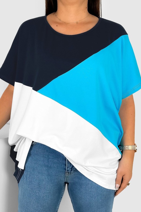 Bluzka damska T-shirt plus size łączone kolory granat niebieski biały Felicia