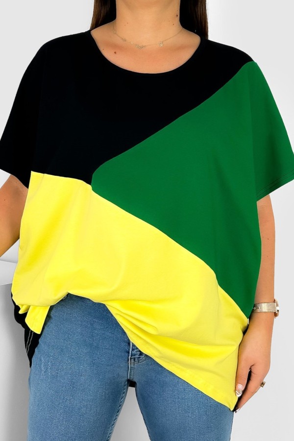 Bluzka damska T-shirt plus size łączone kolory czarny zielony żółty Felicia