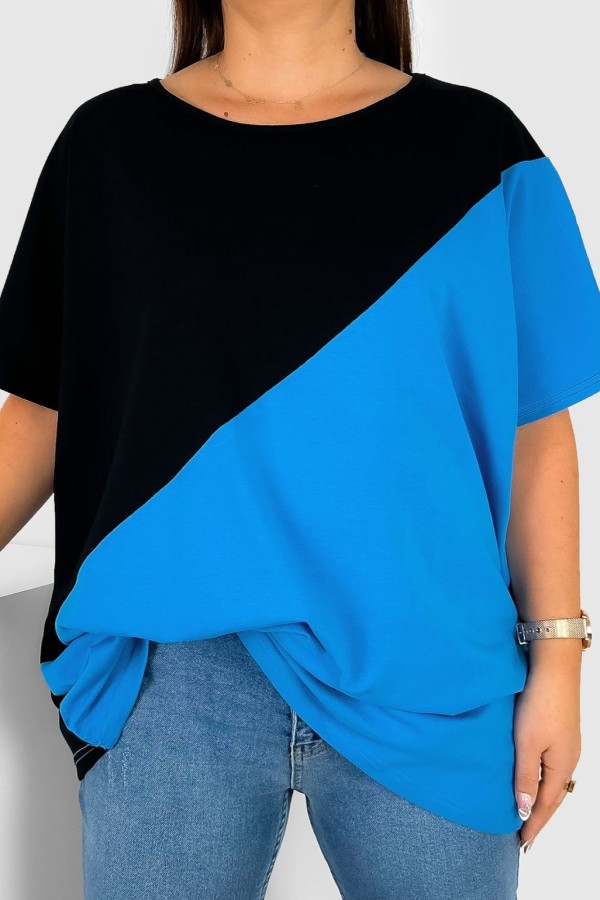 Bluzka damska T-shirt plus size nietoperz łączone kolory czarny niebieski Duo