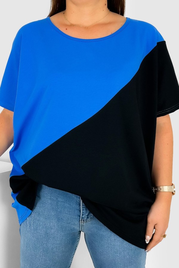 Bluzka damska T-shirt plus size nietoperz łączone kolory chabrowy czarny Duo