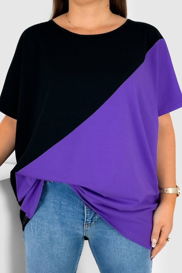 Bluzka damska T-shirt plus size nietoperz łączone kolory czarny fioletowy Duo