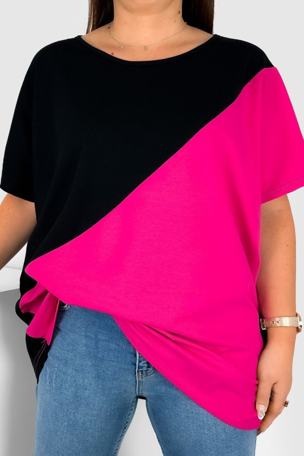 Bluzka damska T-shirt plus size nietoperz łączone kolory czarny fuksja Duo