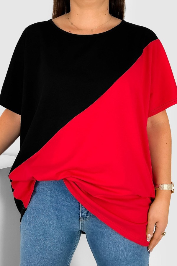 Bluzka damska T-shirt plus size nietoperz łączone kolory czarny czerwony Duo