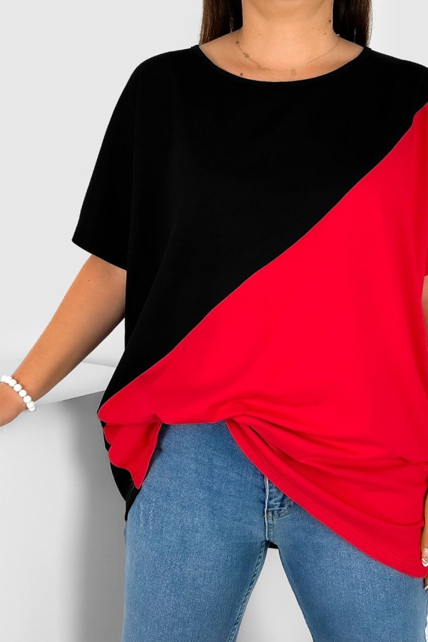 Bluzka damska T-shirt plus size nietoperz łączone kolory czarny czerwony Duo 1