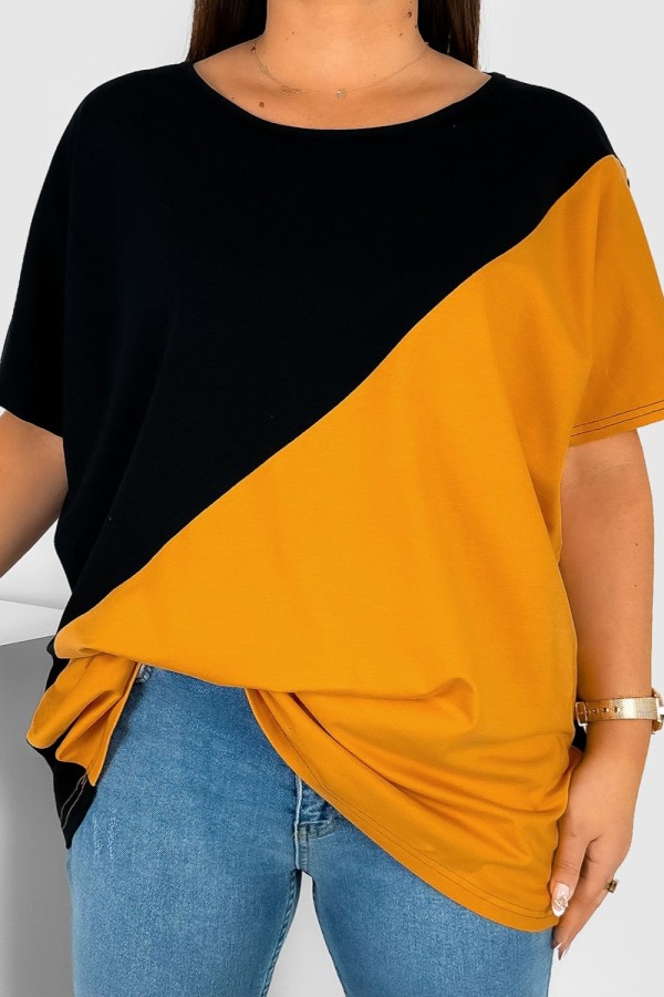 Bluzka damska T-shirt plus size nietoperz łączone kolory czarny pomarańczowy Duo